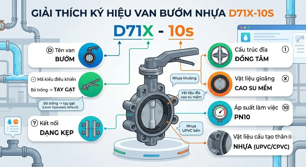 Giải thích các kí hiệu của van bướm nhựa D71X -10s