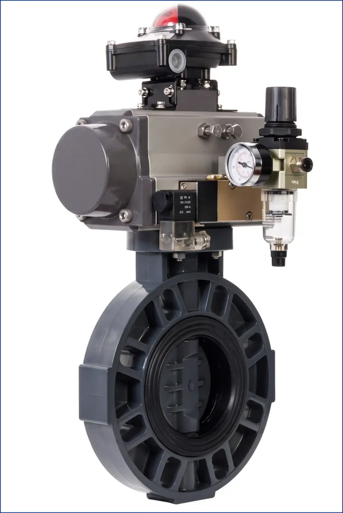 Cụm van bướm khí nén EMPB-OPW lắp đủ van điện từ, hộp công tắc hành trình và bộ lọc điều áp