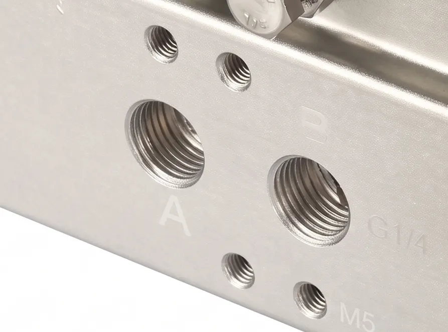 Hai cổng cấp khí trên thân xy lanh của bộ truyền động tác động kép EMPB-OPW