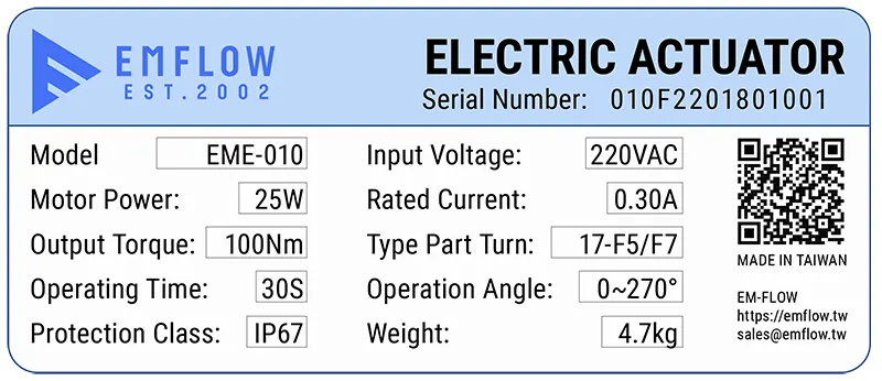 Nhãn thông số trên bộ truyền động EME-010 EM-Flow lắp cho van bướm nhựa DN100