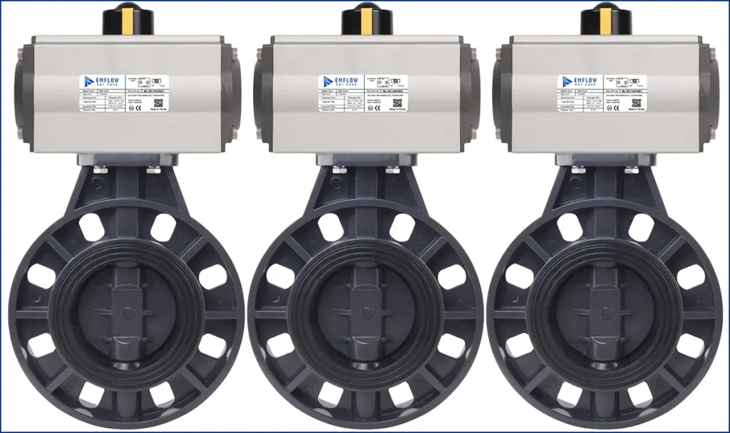 Van bướm nhựa EM-Flow EMPB-OPW với xy lanh khí nén tác động kép trên thân UPVC