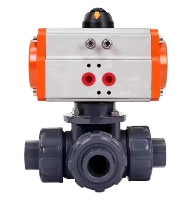 uPVC 3-way plastic ball valve for pneumatic control