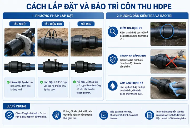 Cách lắp đặt và bảo trì côn thu HDPE