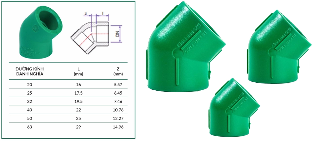 Cấu tạo và thông số kỹ thuật của chếch 45 độ PPR