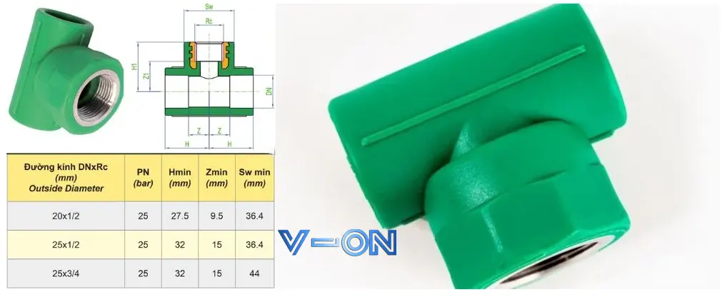 Kích cỡ tê ren trong PPR Dekko