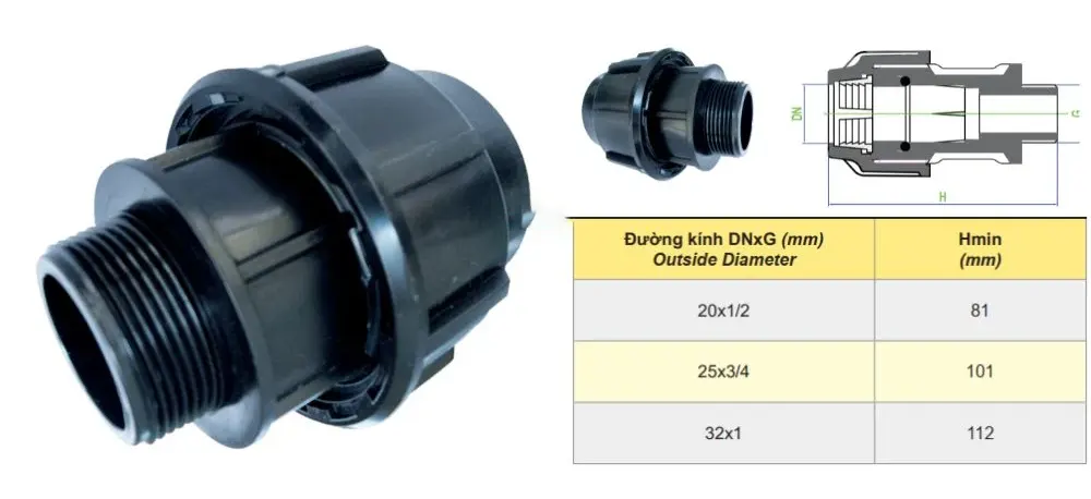 Thông số nối Dekko HDPE ren ngoài