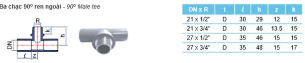 Cấu tạo và kich thước te ren ngoài PVC tiền phong