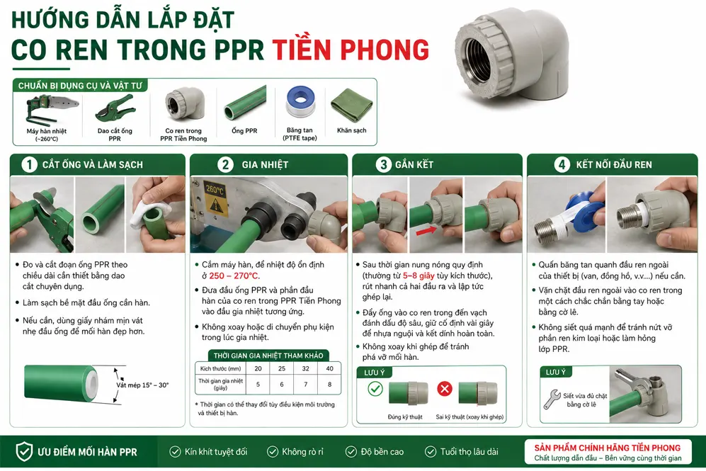 Hướng dẫn lắp đặt co ren trong PPR Tiền Phong