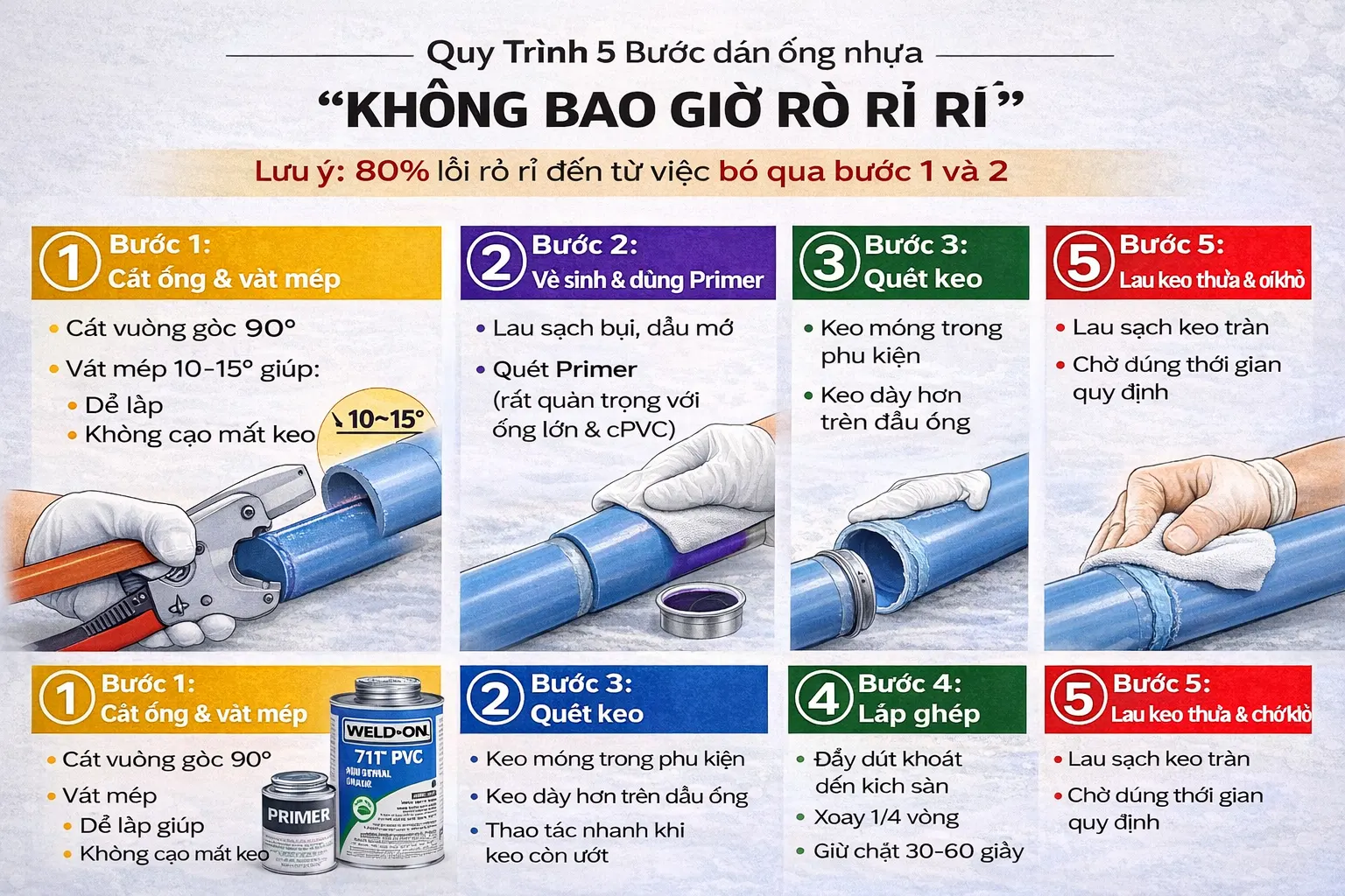 Quy trình 5 bước dán ống nhựa “KHÔNG BAO GIỜ RÒ RỈ”