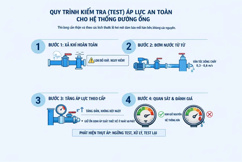Quy trình kiểm tra (test) áp lực an toàn cho hệ thống đường ống