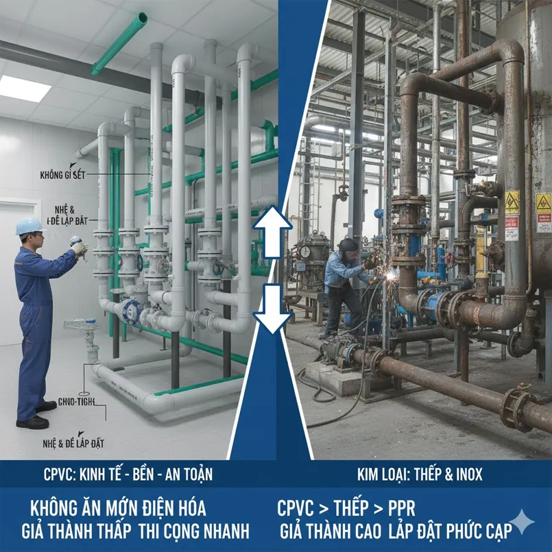 So sánh ống nhựa CPVC với ống kim loại (thép, inox)