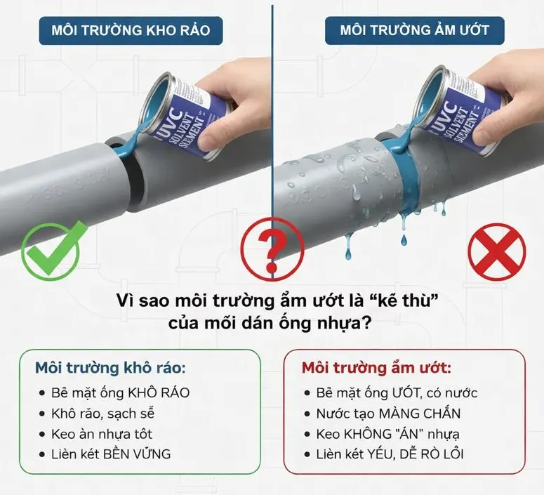 Vì sao môi trường ẩm ướt là “kẻ thù” của mối dán ống nhựa
