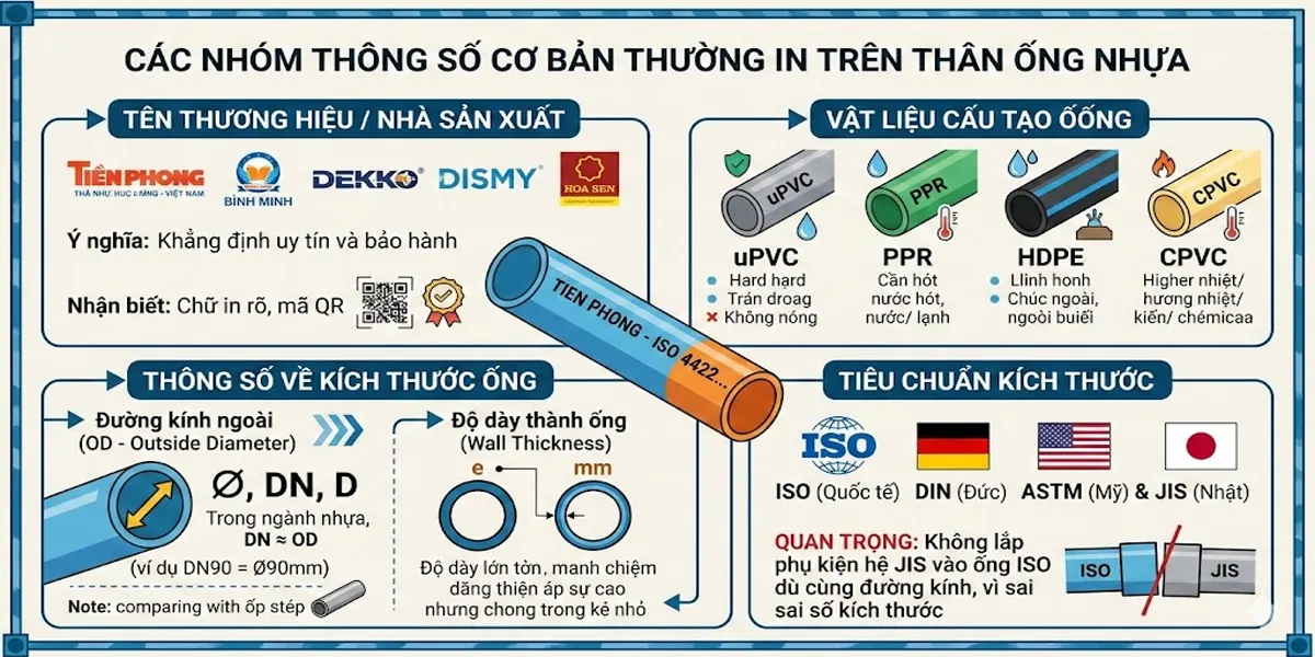 Các nhóm thông số cơ bản thường in trên thân ống nhựa