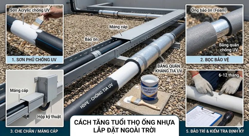 Cách tăng tuổi thọ ống nhựa khi lắp đặt ngoài trời