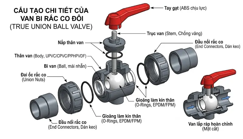 Cấu tạo chi tiết của van bi rắc co đôi