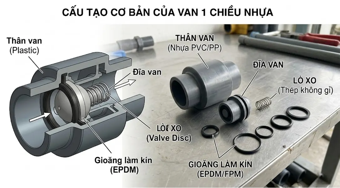 Cấu tạo cơ bản của van 1 chiều nhựa