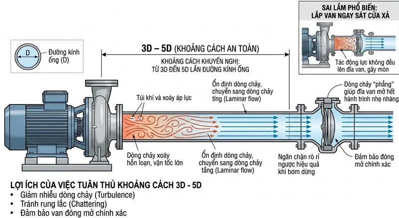 Khoảng cách an toàn để lắp van một chiều sau máy bơm