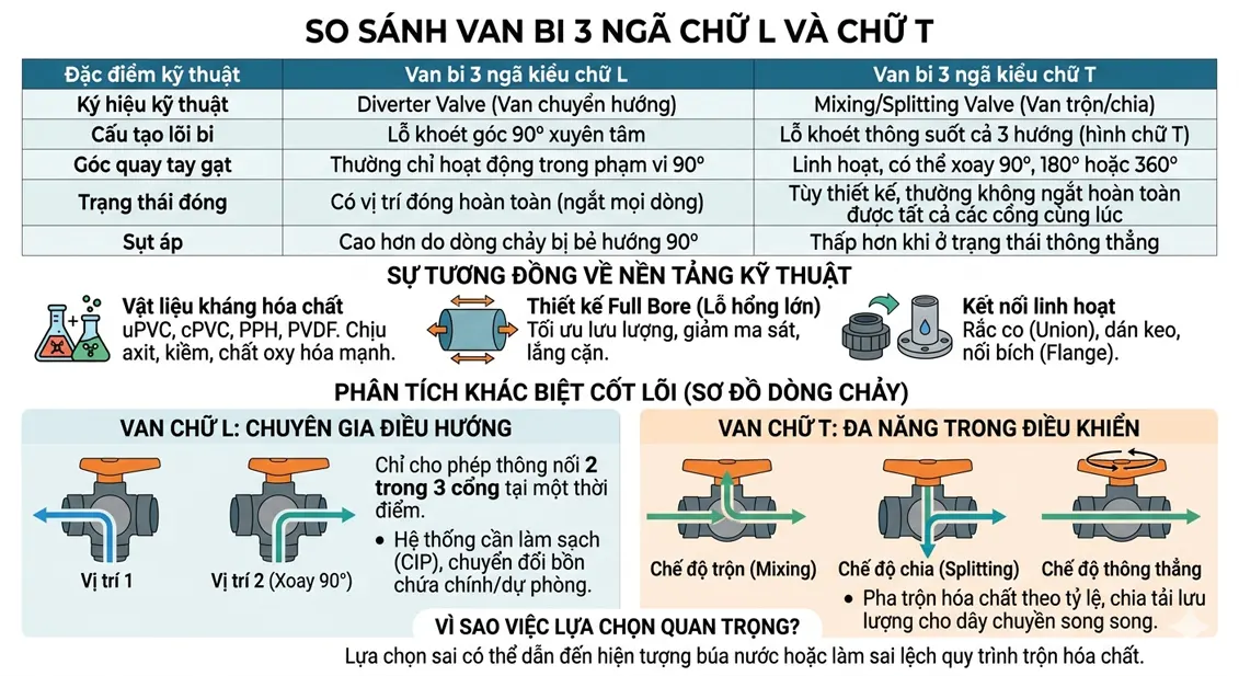So sánh van bi 3 ngã chữ L và chữ T