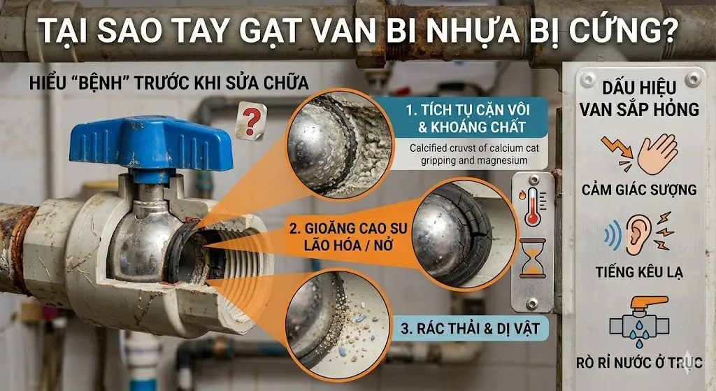 Tay gạt van bi nhựa bị cứng