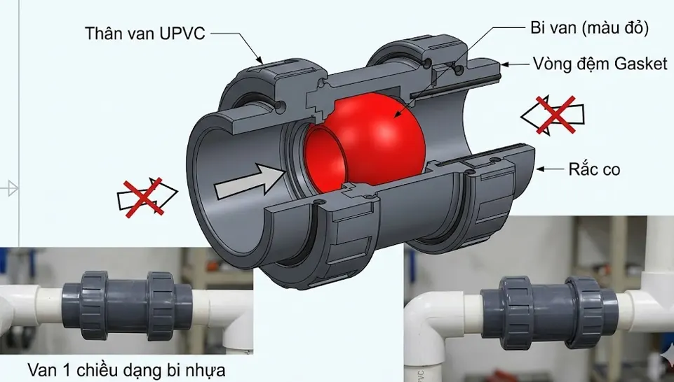 Van 1 chiều dạng bi nhựa (Ball Check Valve)
