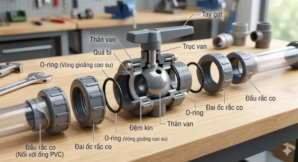 Cấu tạo của van bi rắc co đôi