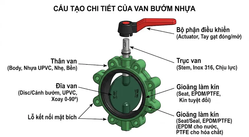 Cấu tạo van bướm nhựa
