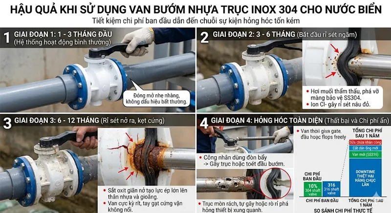 Hậu quả khi sử dụng Van bướm nhựa trục Inox 304 cho nước biển
