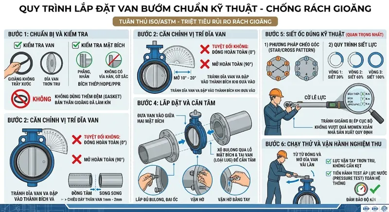 Hướng dẫn quy trình lắp đặt van bướm chuẩn kỹ thuật để chống rách gioăng