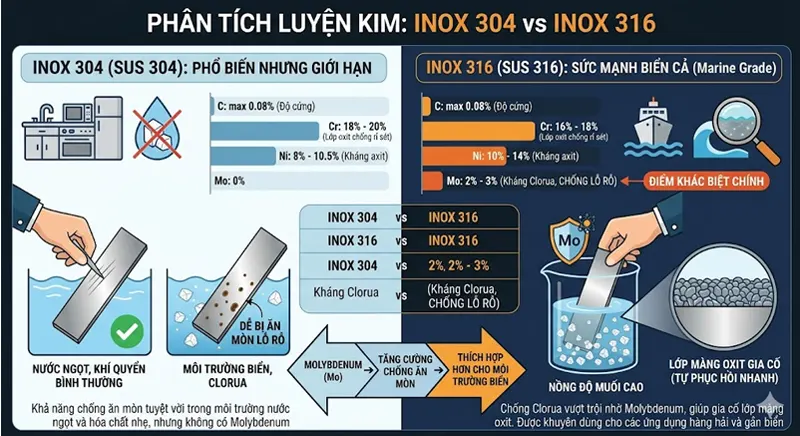 Phân tích luyện kim Inox 304 vs Inox 316