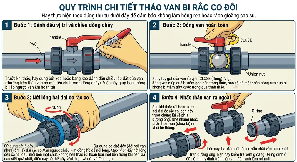 Quy trình chi tiết tháo van bi rắc co đôi
