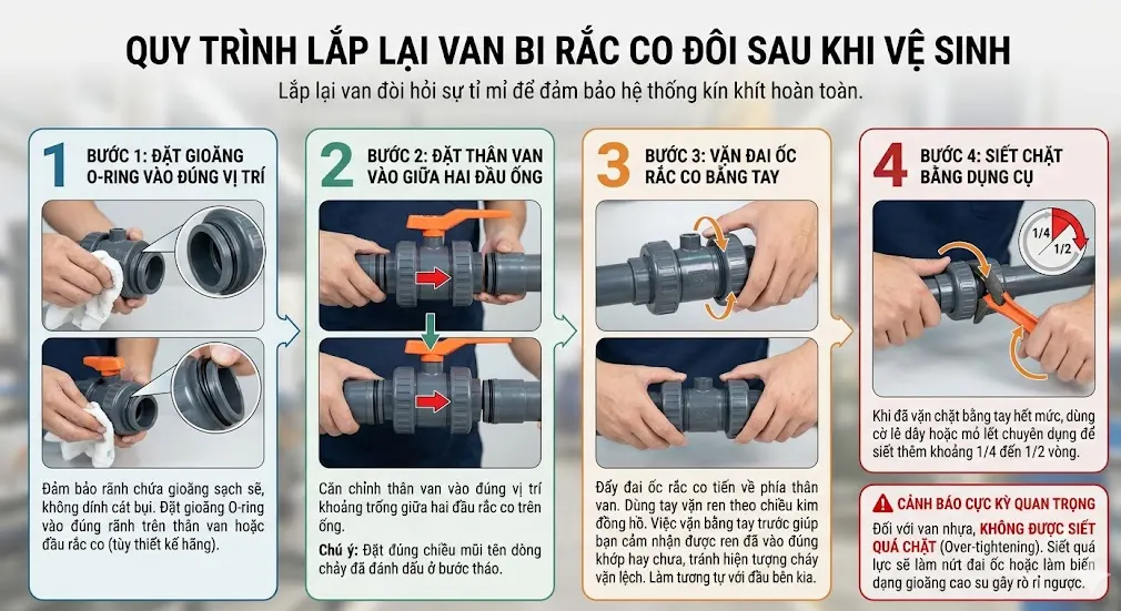 Quy trình lắp lại van bi rắc co đôi sau khi vệ sinh