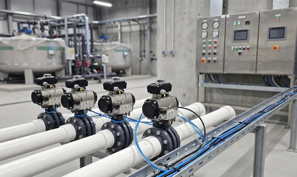 Dàn van bướm nhựa khí nén điều khiển tập trung từ tủ PLC tại trạm xử lý nước thải