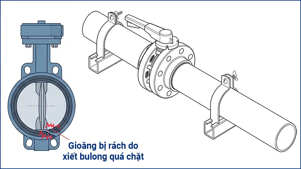 gioăng bị rách do siết ốc quá chặt