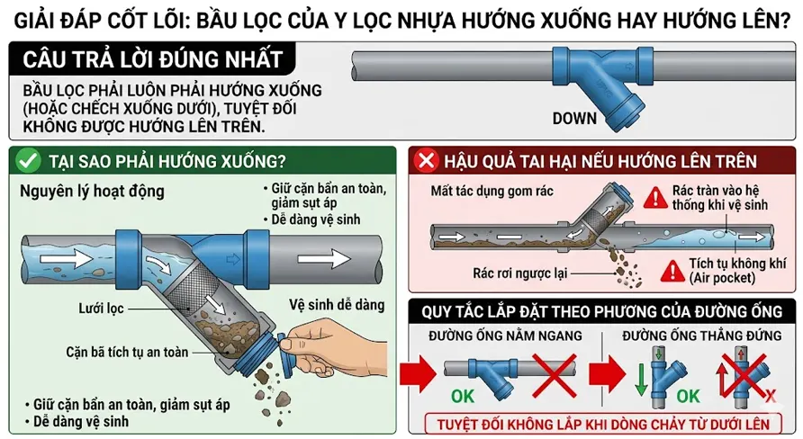Bầu lọc của Y lọc nhựa hướng xuống hay hướng lên
