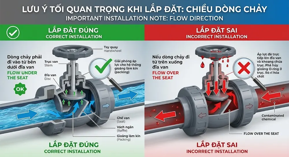 Lưu ý tối quan trọng khi lắp đặt Chiều dòng chảy