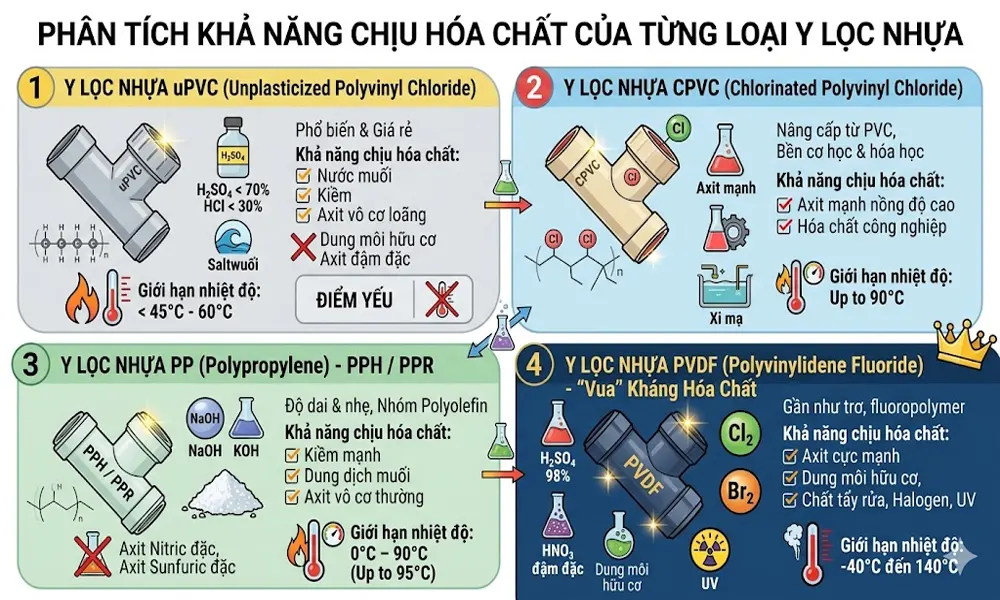 Phân Tích Khả Năng Chịu Hóa Chất Của Từng Loại Y Lọc Nhựa