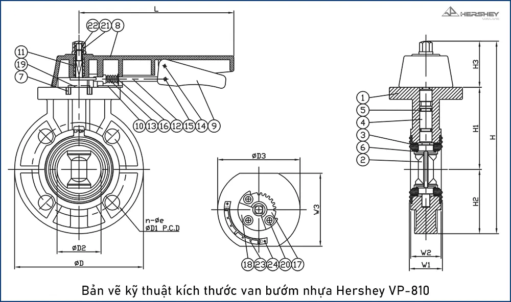 Bản vẽ kỹ thuật kích thước van bướm nhựa Hershey VP-810