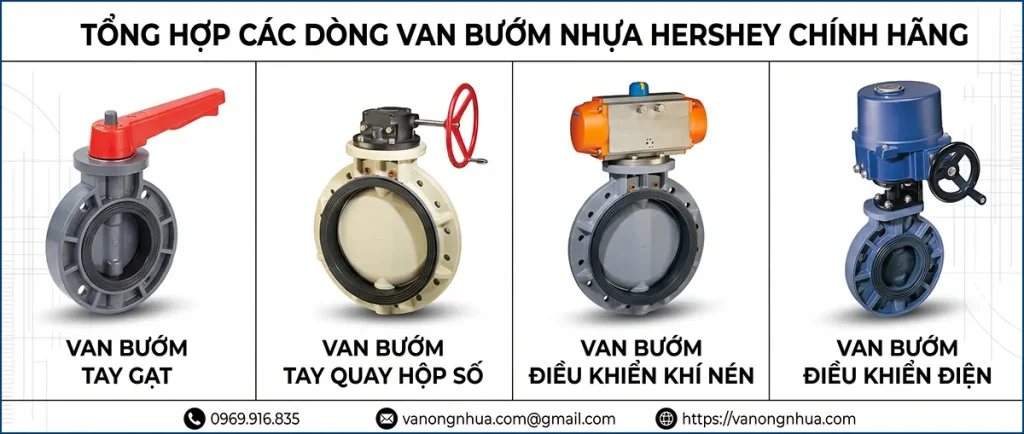 Các loại van bướm nhựa Hershey: tay gạt, hộp số, khí nén, điện chính hãng