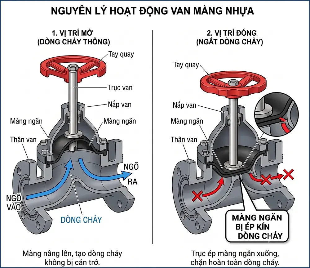 Nguyên lý hoạt động van màng nhựa Shieyu - màng ngăn ép kín dòng chảy