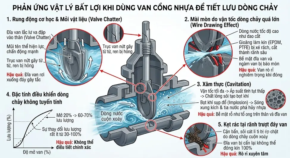Phản Ứng Vật Lý Bất Lợi Khi Dùng Van Cổng Nhựa Để Tiết Lưu