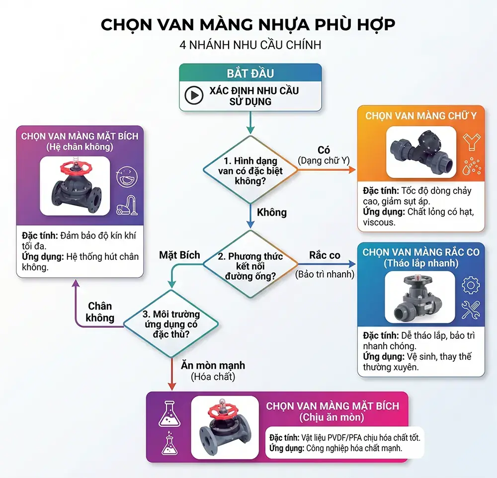 Sơ đồ chọn van màng nhựa Shieyu theo nhu cầu sử dụng