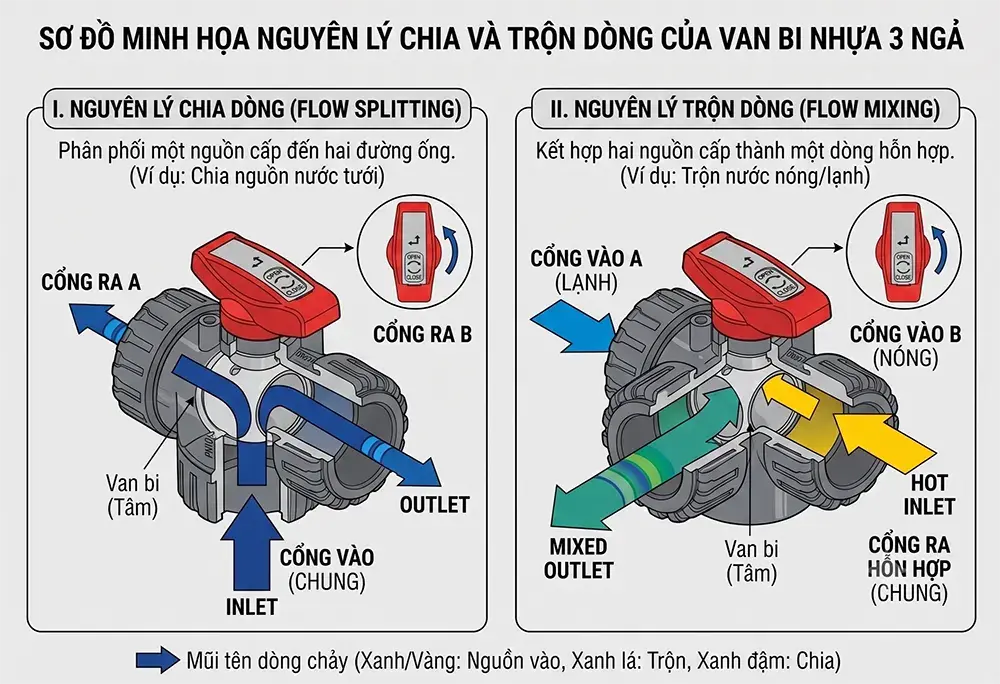 Sơ đồ nguyên lý chia trộn dòng van bi 3 ngả CT.