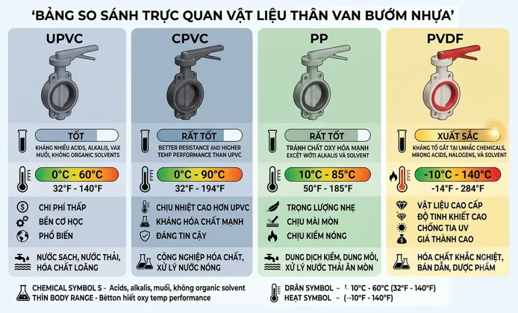 So sánh vật liệu thân van bướm Shieyu UPVC CPVC PP PVDF
