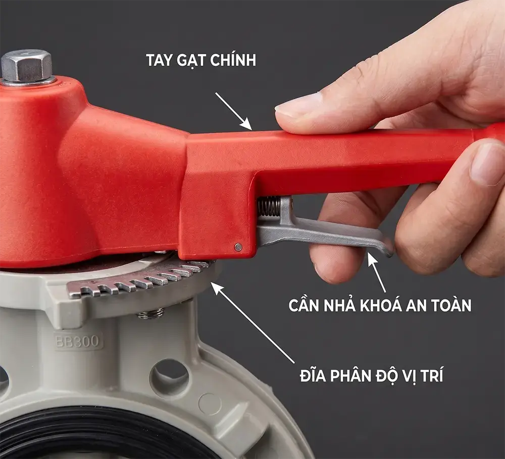 Tay gạt khóa van bướm BB300 vị trí đóng mở