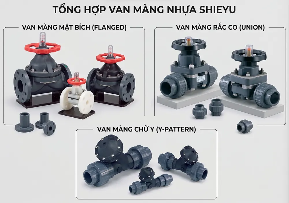 Van màng nhựa Shieyu Đài Loan - mặt bích, chân không, rắc co, chữ Y