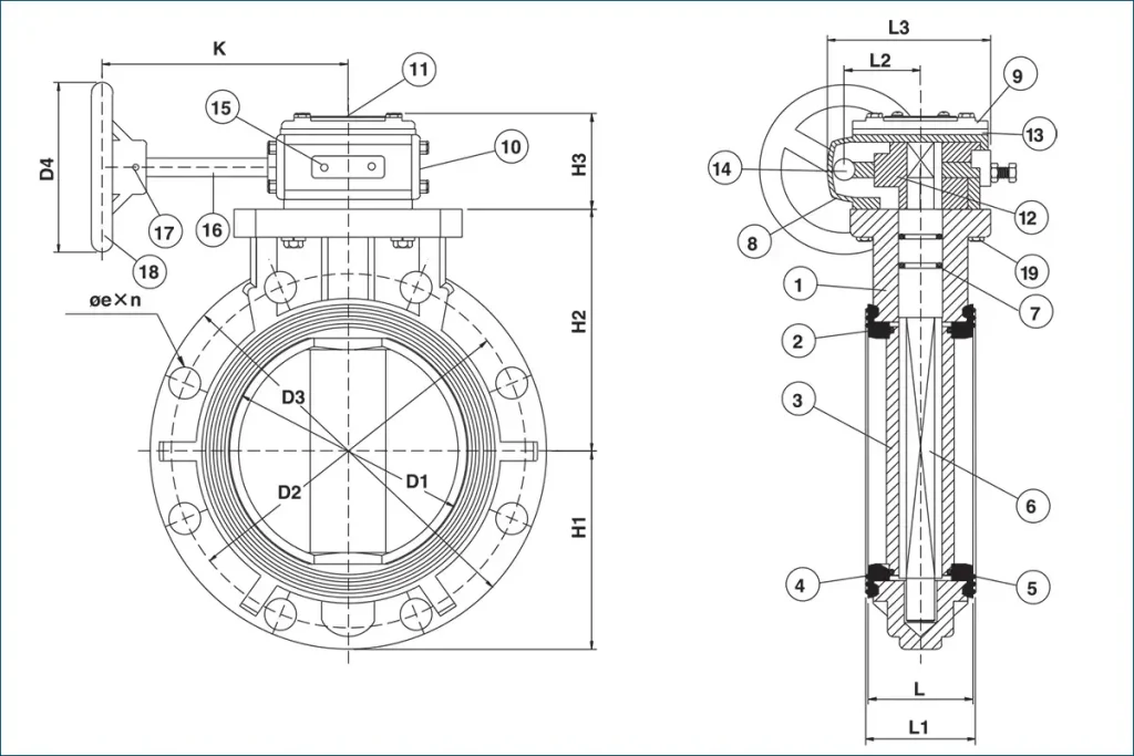 bản vẽ kỹ thuật van BF300 kèm hộp số DN200-DN600