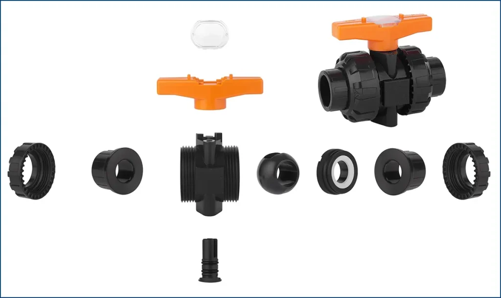 Cấu tạo bi cầu CNC và roăng đôi trong van bi nhựa Sanking