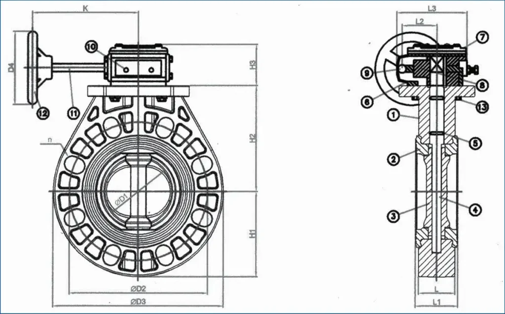 cấu tạo và kích thước van bướm BH DN50-DN200