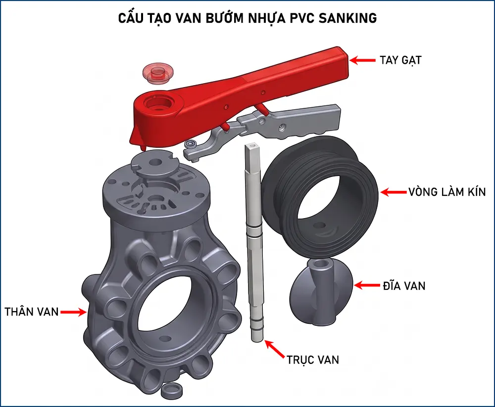 Cấu tạo van bướm nhựa PVC tay gạt Sanking