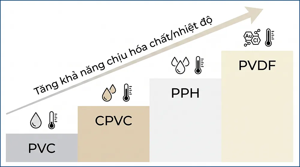 Bậc thang lựa chọn vật liệu van bướm nhựa Sanking từ PVC đến PVDF